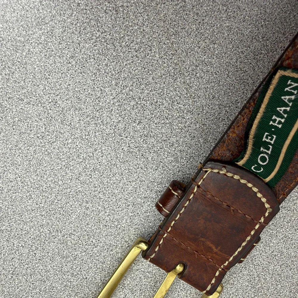 Cole Haan Belt Mens 34 Brown Leather Brass Buckle Casual Dress Raised Ridge